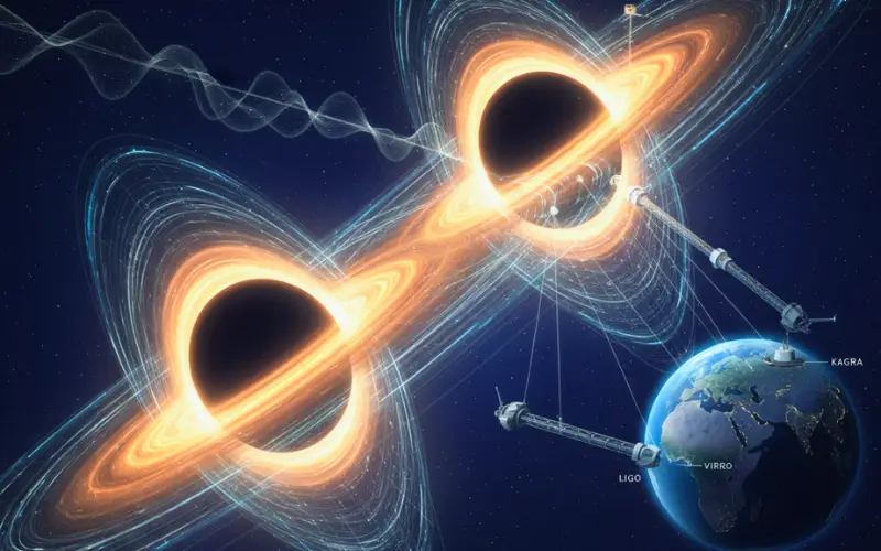 A scientific illustration showing two black holes colliding in space, generating gravitational waves detected by Earth-based observatories like LIGO, Virgo, and KAGRA, demonstrating Einstein’s theory of relativity.