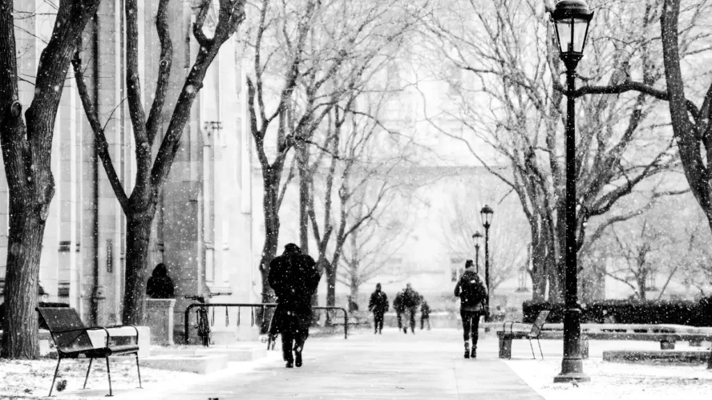 People walking through a snow-covered street in the U.S. during a winter storm warning, as heavy snowfall and cold winds create a frosty urban scene.