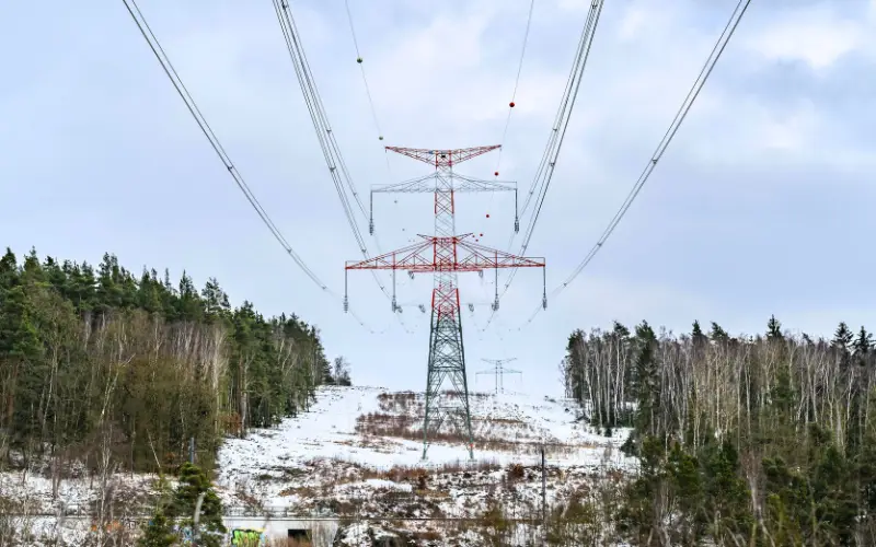 High-voltage power lines cutting across a snow-covered forest landscape in the U.S., symbolizing the strain on the energy grid during a winter storm warning and severe cold conditions.