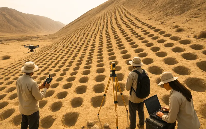 Aerial drone image of the Band of Holes archaeological site in Pisco Valley, Peru, showing thousands of carved pits forming the ancient Code of Peru, where archaeologists use drones and 3D mapping to study Inca-era structures.