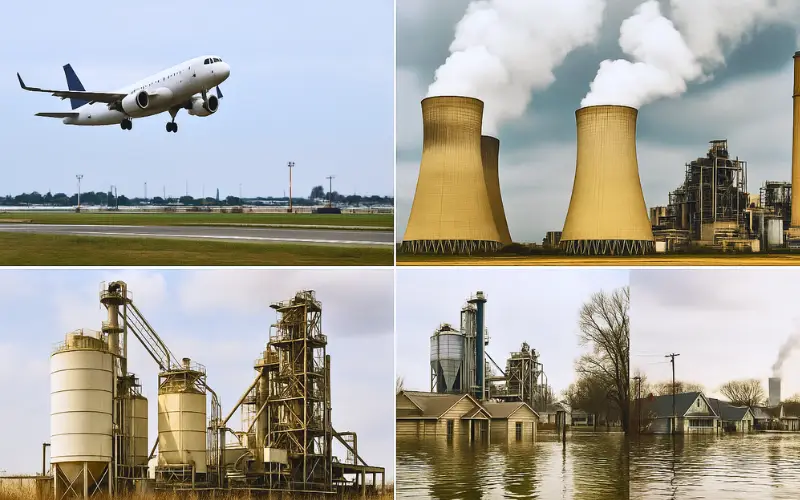 Composite image showing U.S. sectors impacted by carbon removal, including aviation, natural gas power plants, cement manufacturing facilities, and climate disaster flooding.