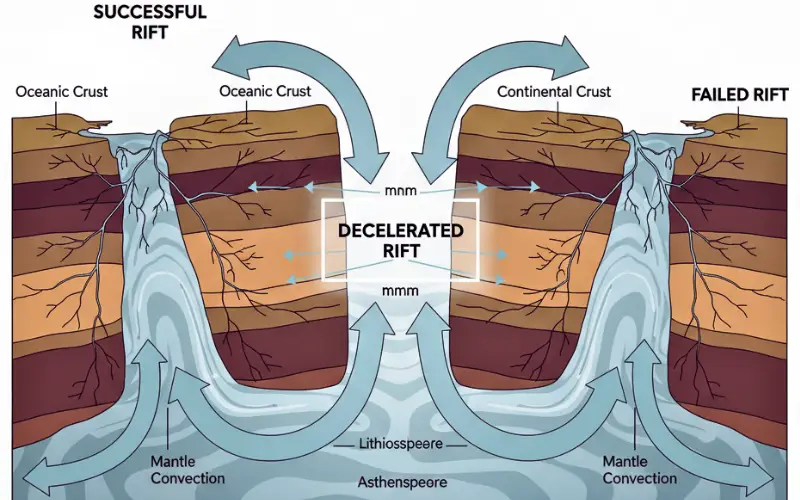 “Scientific infographic illustrating three types of rift evolution—successful rift, decelerated rift, and failed rift—showing crust layers, mantle convection, lithosphere structure, and millimeter-level tectonic extension.”