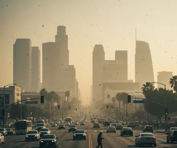 Fine airborne microplastic particles floating in polluted city air over New York streets.