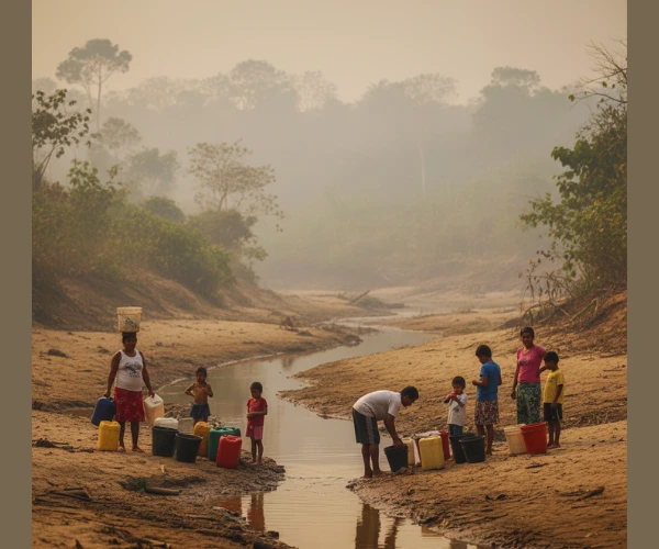 Families in a rural Amazon community collecting water from a shallow, drought-stricken river during severe dry conditions.