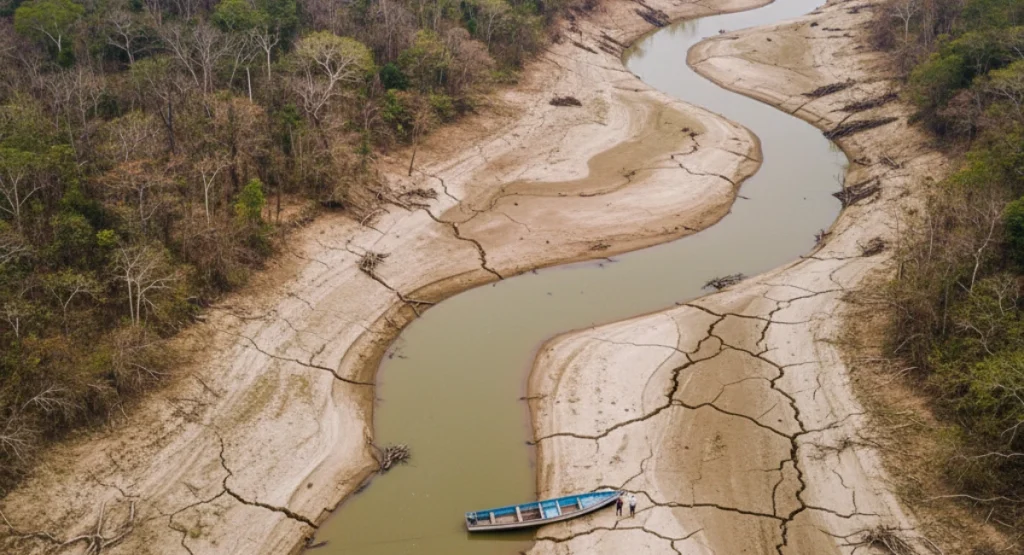 Aerial view of a dried Amazon riverbed with cracked soil and a stranded boat during extreme drought.
