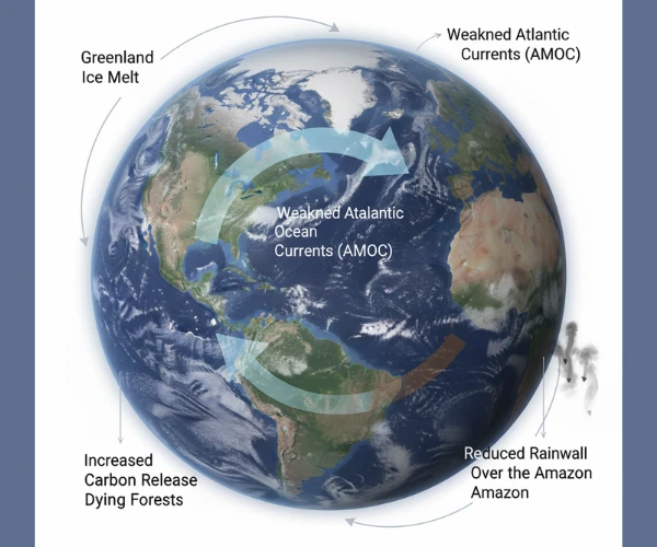 Scientific infographic showing the climate doom loop, including Greenland ice melt, weakened Atlantic Ocean currents (AMOC), reduced rainfall over the Amazon, and increased carbon release from dying forests.