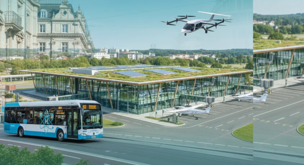 “Creative composite image showing a hydrogen bus, a green airport terminal, and an eVTOL aircraft symbolizing carbon-neutral travel.”
