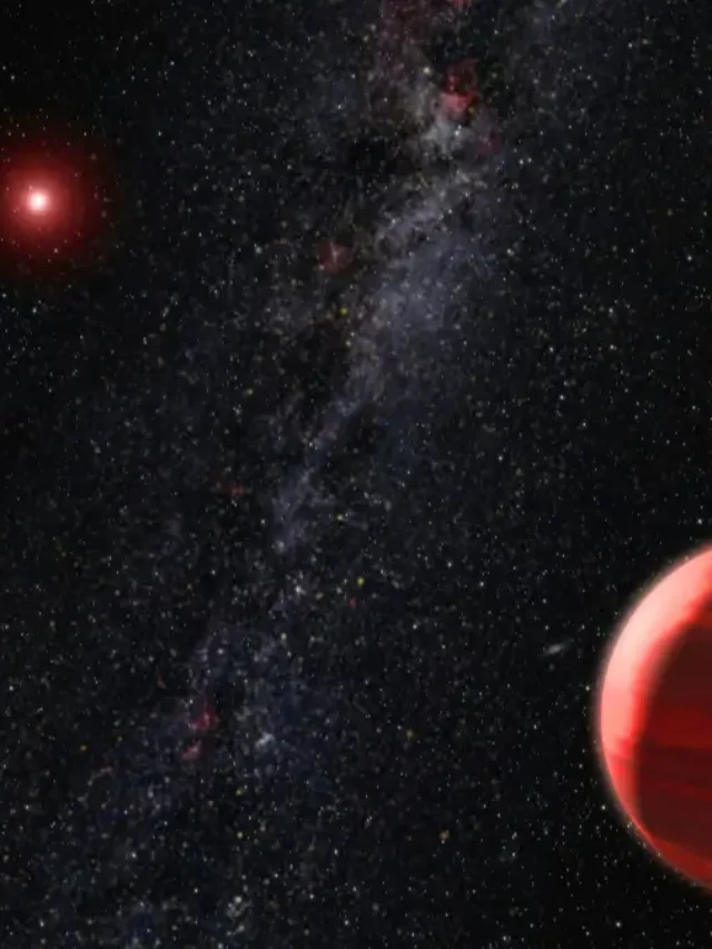 Red dwarf star illuminating a red exoplanet in deep space.