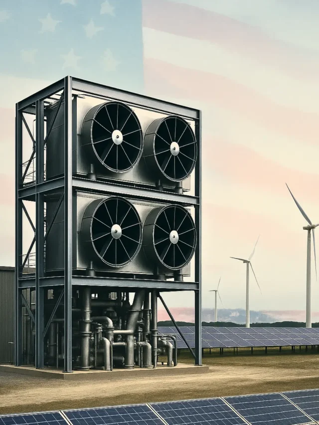 U.S. carbon removal scene with a DAC facility, wind turbines, solar panels, and soft American flag tones in the sky.