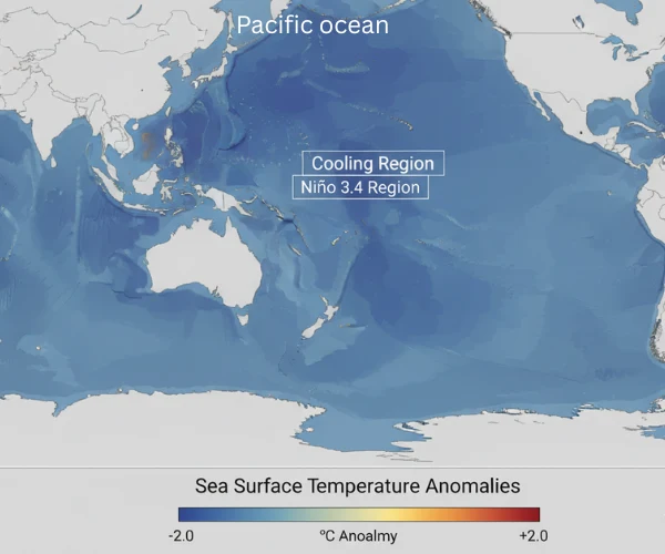 Pacific Ocean sea surface temperature anomalies map showing rapid cooling in the Niño 3.4 region as El Niño weakens in late 2025.