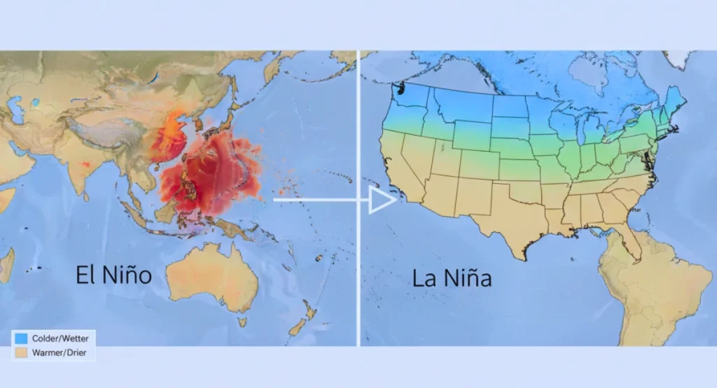News-style graphic showing the transition from El Niño’s warm Pacific waters to La Niña’s colder U.S. winter pattern, with warm anomalies in the Pacific and cooler shades over northern states.