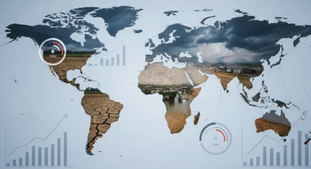 “World map blended with drought, floods, and climate-related financial graphics representing the global adaptation gap.”