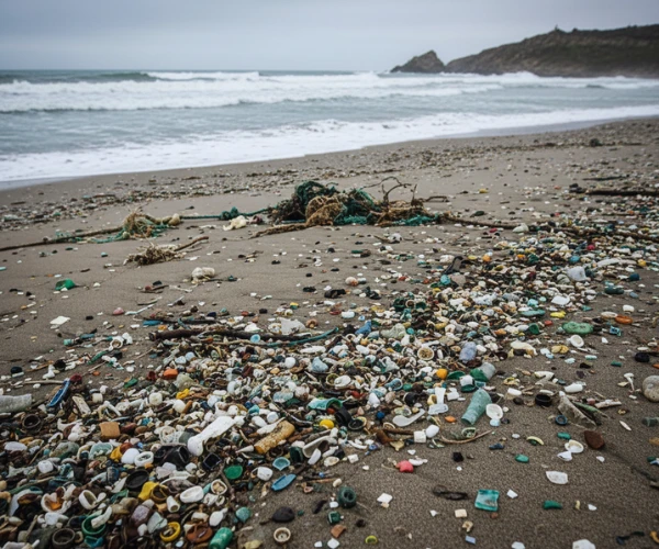 Plastic pollution on beach with ocean waves, wind, and clouds illustrating global microplastic movement.