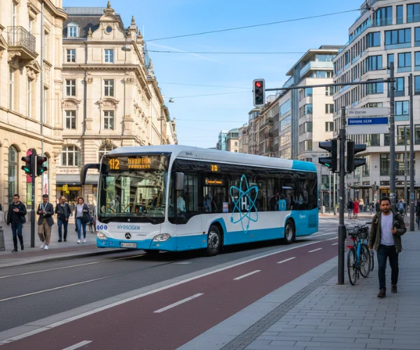 “A modern hydrogen-powered city bus operating on a European street as part of clean public transport.”