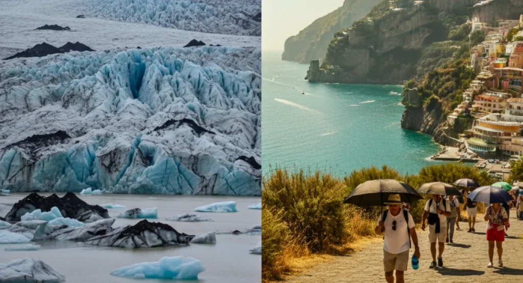 A realistic editorial photo showing Iceland’s melting glacier on the left and Italy’s coastline under a heatwave on the right, highlighting how climate change is affecting major travel destinations.