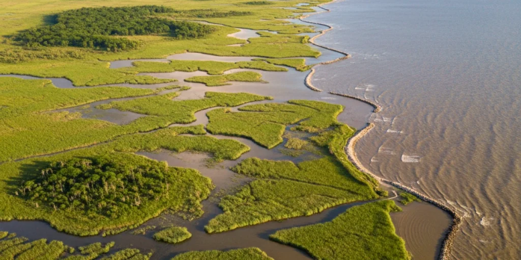 Aerial view of Louisiana’s disappearing coastline where Mississippi River wetlands meet the Gulf of Mexico, showing erosion and restoration zones.