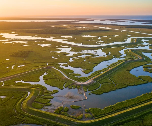 Aerial sunrise view of restored Louisiana wetlands showing flood barriers and new vegetation as part of coastal restoration efforts.