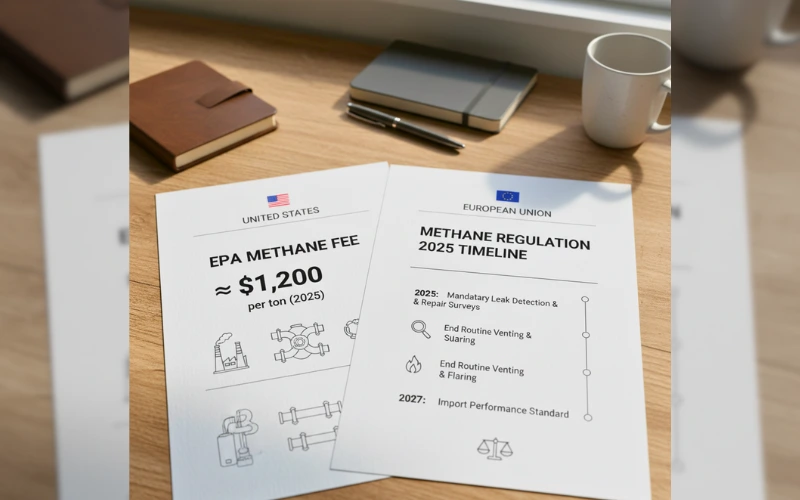 Infographic comparing 2025 U.S. and EU methane reduction policies and compliance fees.