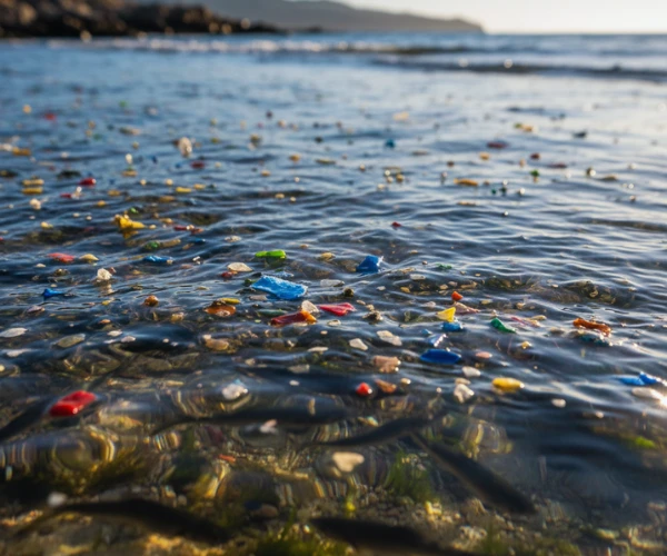 Floating microplastic fragments on ocean water surface with fish visible below.