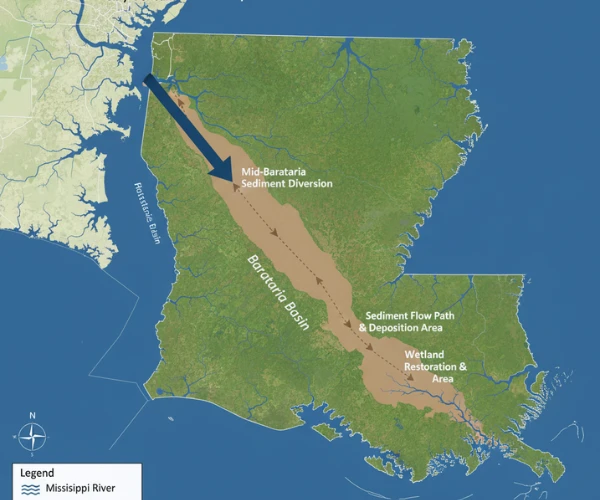 Map of the Mid-Barataria Sediment Diversion site in Plaquemines Parish, showing river flow and wetland restoration areas.