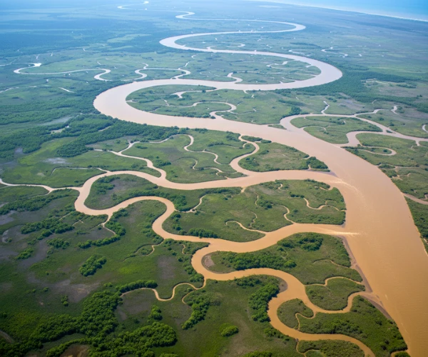 Aerial view of the Mississippi River Delta showing sediment flow into Louisiana wetlands for restoration.