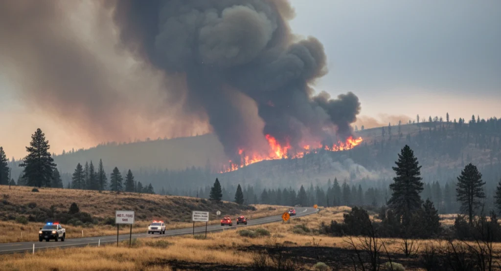 Smoke from the Pack Fire rises over dry land near Highway 395 in Mono County as a rare California storm approaches, increasing mudflow and evacuation risks.