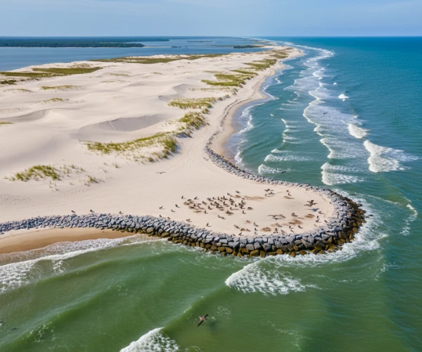 Restored Raccoon Island off Terrebonne Parish, Louisiana, with visible sand barriers and nesting seabirds.