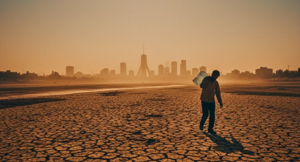 A lone person carrying an empty water container walks across a cracked riverbed near Tehran under a dusty orange sky, symbolizing the Middle East’s deepening water crisis.