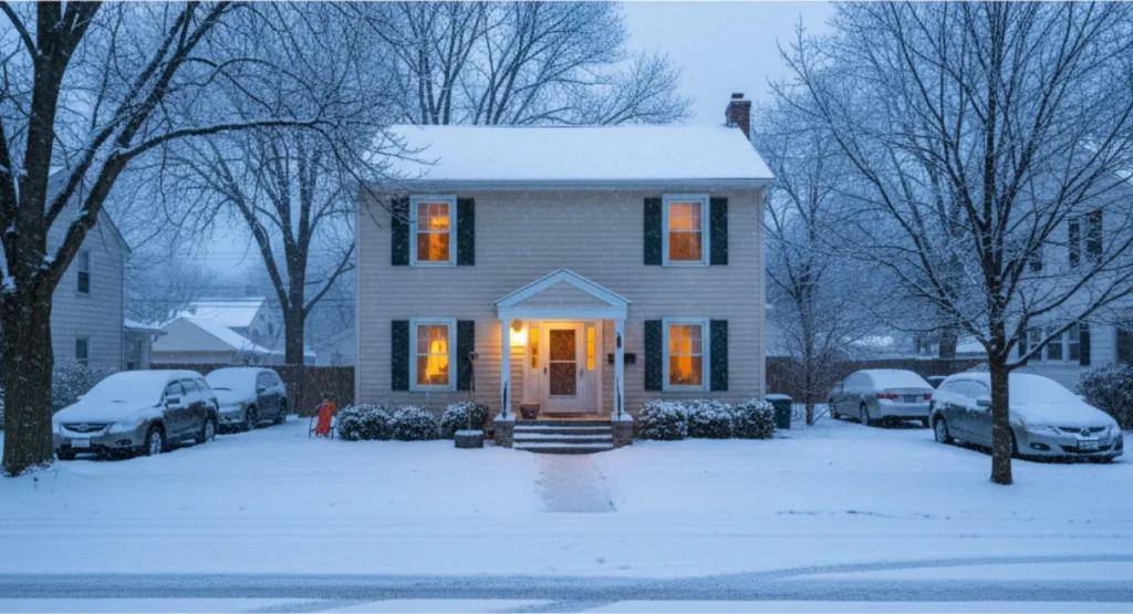 A U.S. family home glowing warmly during a winter storm with snow-covered surroundings, symbolizing winter safety and preparedness.