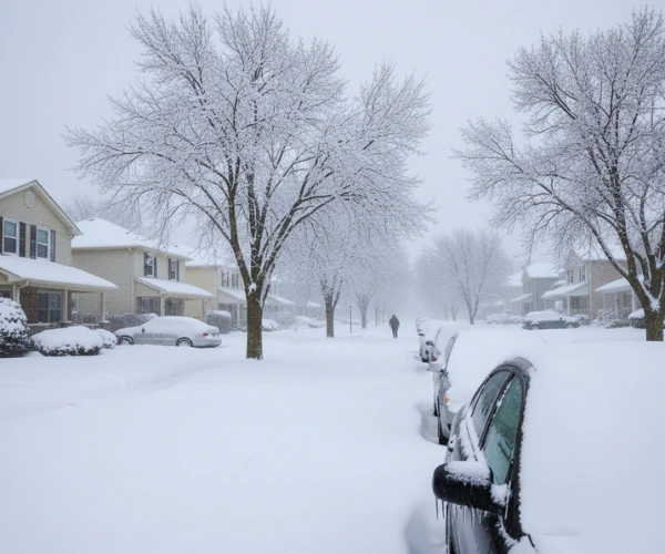 U.S. neighborhood hit by a winter storm with snow-covered roads and icy trees.