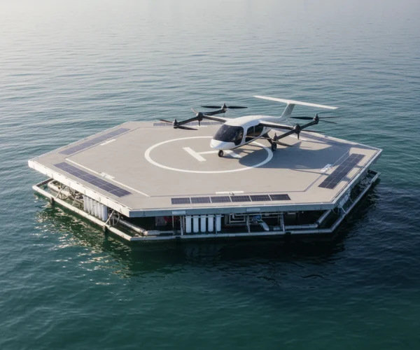 “A zero-carbon water vertiport with an electric vertical takeoff and landing aircraft positioned near the floating platform.”