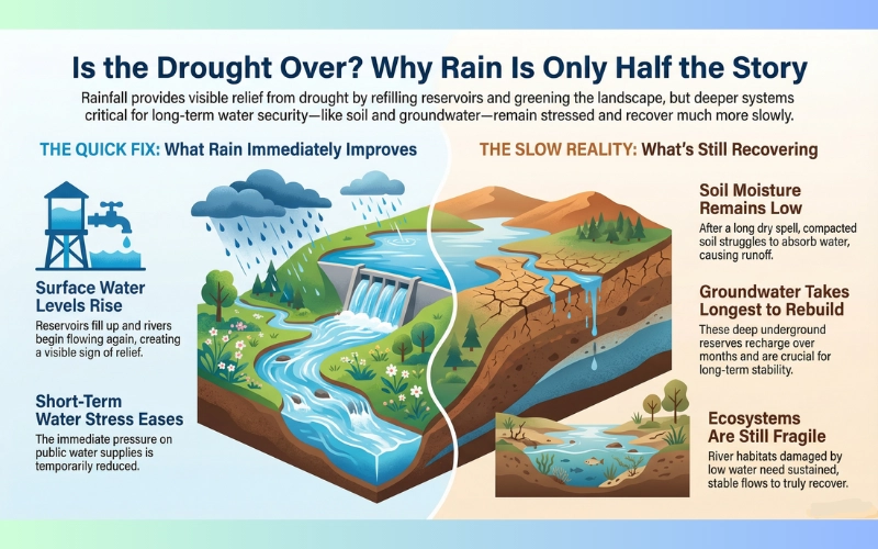 Infographic explaining why rainfall does not mean full drought recovery, showing surface water improvement alongside low soil moisture, slow groundwater recharge, and fragile ecosystems