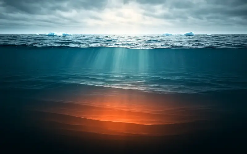 Underwater cross-section of the Southern Ocean showing cold blue surface water and subtle warm layers below, illustrating deep-water heat storage linked to Southern Ocean warming.
