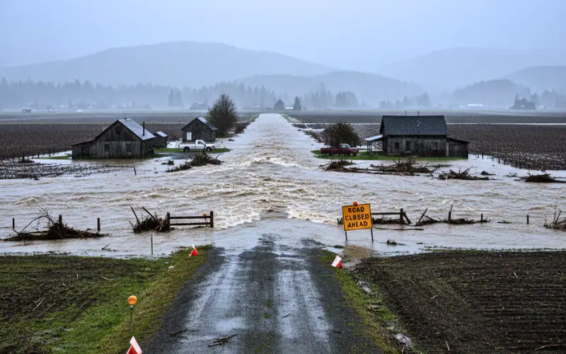 Floodwaters overflow rural farmland and homes in Western Washington, illustrating the severe flood risk expected as heavy rain pushes rivers beyond their banks.