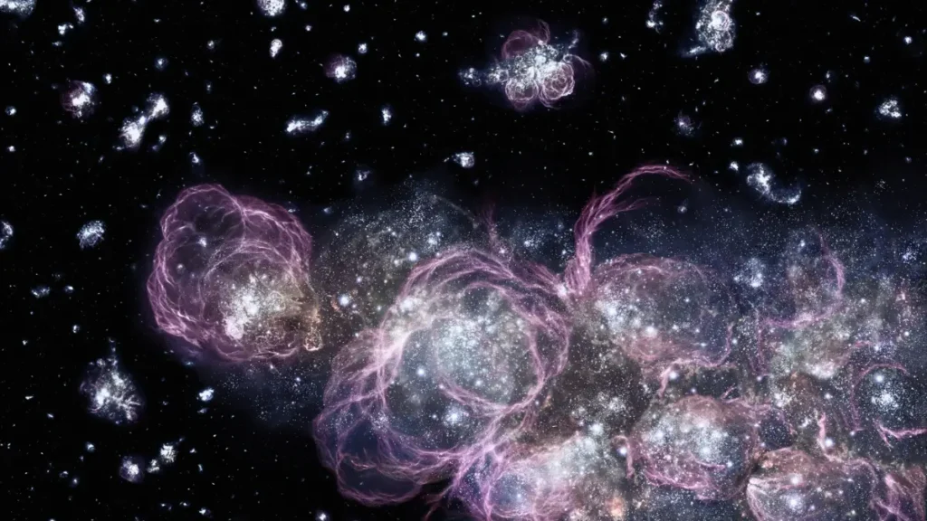 A visual representation of cosmic elements forming in deep space, showing star-forming regions, supernova remnants, and glowing nebulae that illustrate how the universe creates and distributes chemical elements.
