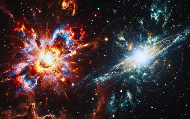 Ultra-realistic deep-space scene showing a supernova explosion and a neutron-star merger, illustrating how cosmic elements form through shockwaves, kilonova bursts, and r-process debris in the universe.