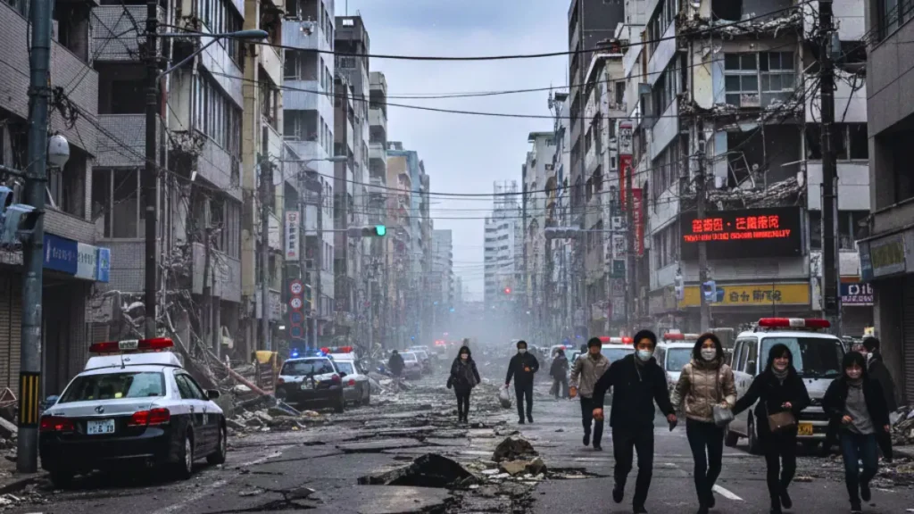 Street in northeastern Japan heavily damaged after the 7.6 earthquake, showing cracked roads, debris from buildings, police vehicles responding, and residents evacuating as tsunami warnings remain active.