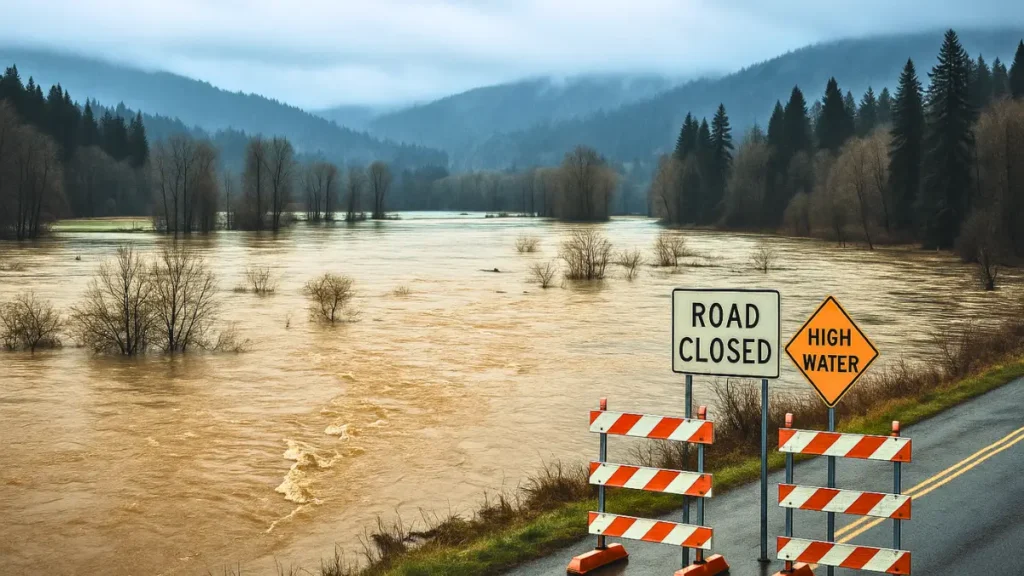 Flood Warning in Washington as a swollen river overflows its banks, flooding roads, fields and trees in a rural valley.