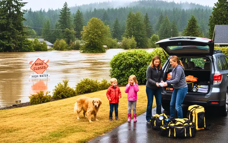 Family preparing an emergency go-bag at home during a Flood Warning in Washington, keeping children and pets away from a nearby flooded street.
