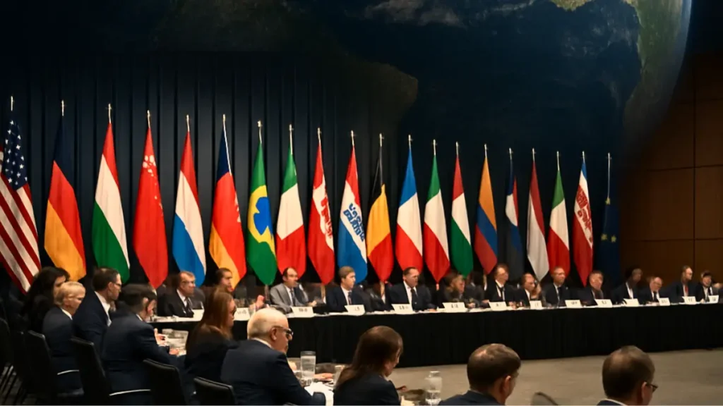 Editorial image symbolizing the Paris Climate Agreement, showing Earth from space and global leaders at an international climate conference