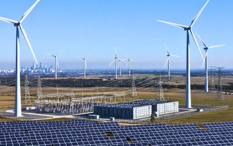 Renewable energy transformation in 2025 showing large solar farms and wind turbines supplying clean electricity through battery storage and power grids toward a distant city.