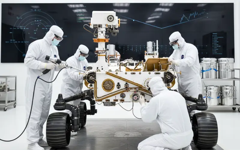 NASA engineers sterilize and inspect a Mars rover inside a cleanroom as part of the Mars planetary protection program to prevent biological contamination before launch.