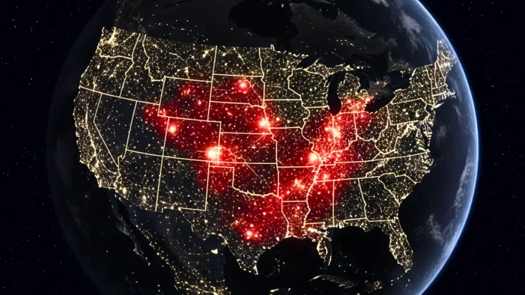 High-resolution map of the United States showing carbon dioxide emission hotspots highlighted in red, based on the Vulcan Emissions Dataset.