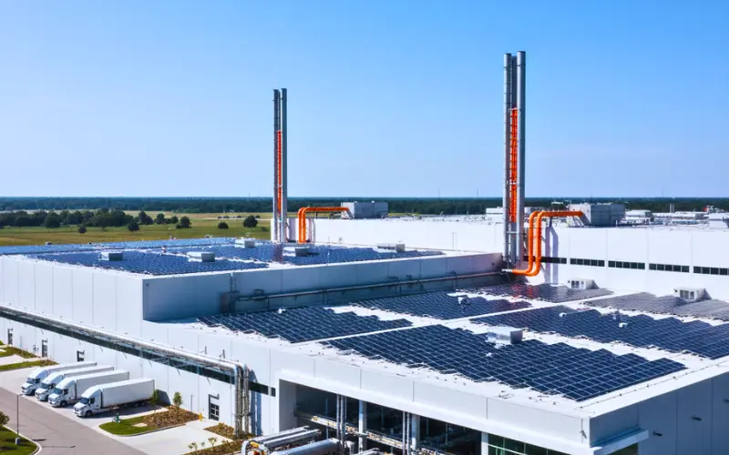 Modern industrial facility using low-emission technology, reflecting solutions highlighted by the Vulcan Emissions Dataset.