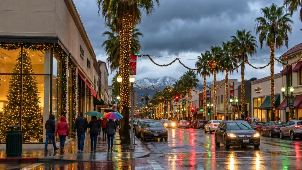 “California city street with Christmas lights, umbrellas and wet roads during a rainy holiday evening, snowy mountains in the distance”
