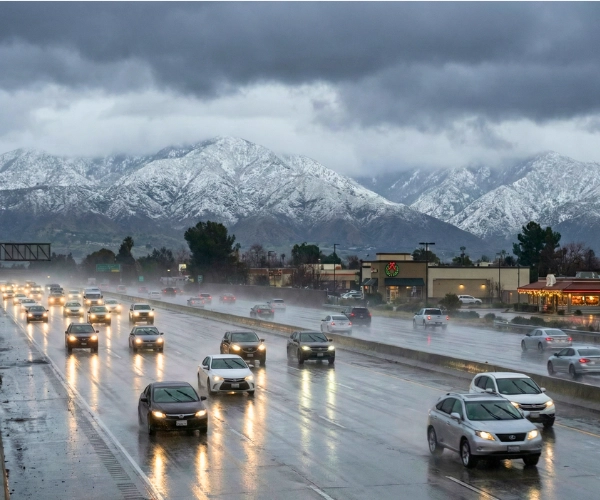 “Cars driving on a wet California freeway in rain with snowy mountains and storm clouds in the background”