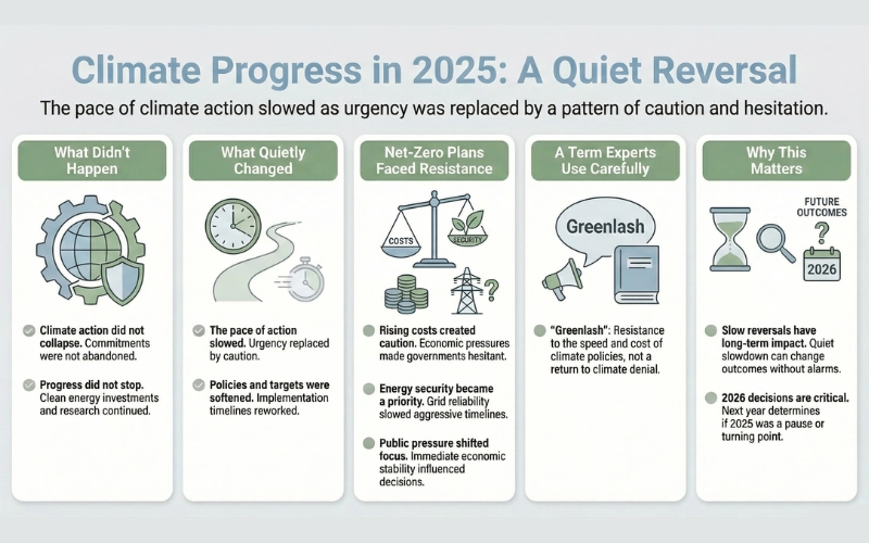 Infographic showing how climate progress quietly reversed in 2025 due to slower action, policy hesitation, and net-zero resistance