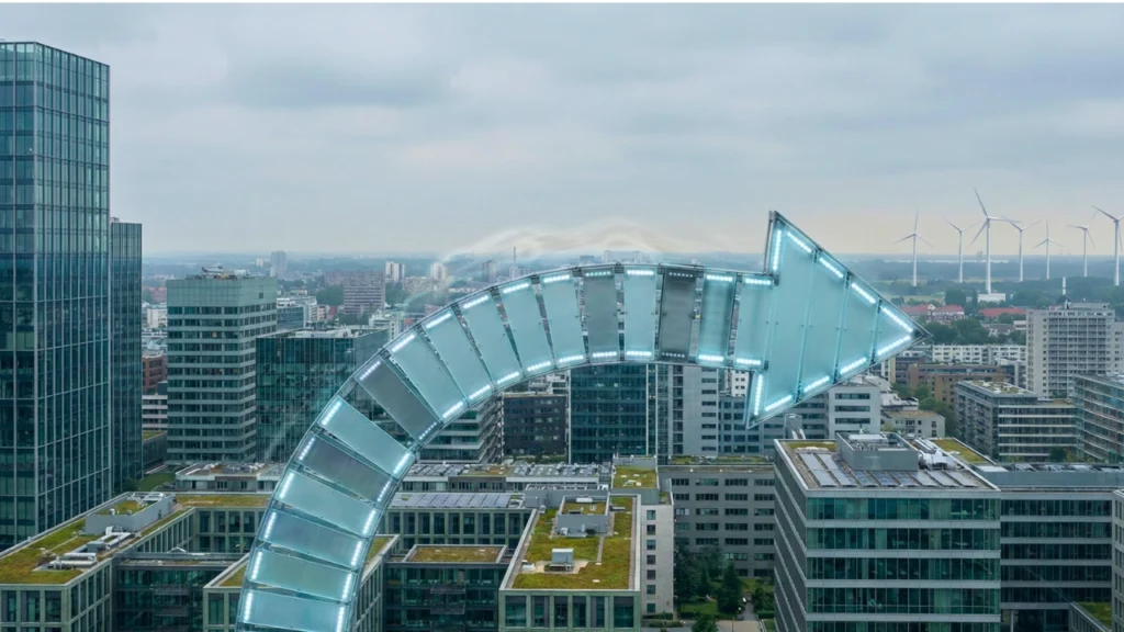A realistic cityscape showing climate progress slowing in 2025, with clean energy elements and a muted, analytical tone.