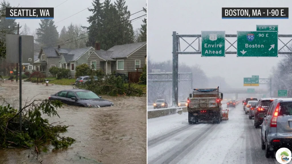 Flooded streets in the Pacific Northwest and snow-covered roads in the Northeast as a coast-to-coast U.S. storm disrupts holiday travel.