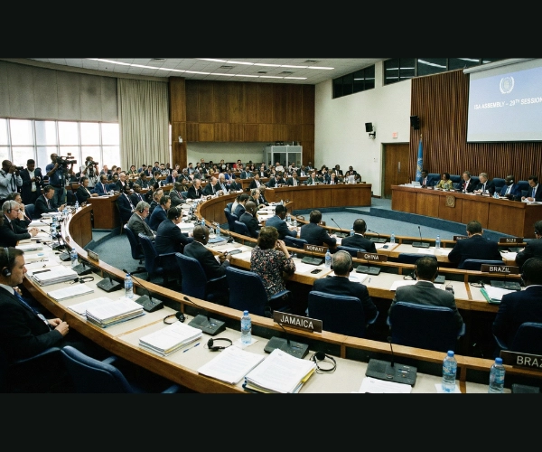 “International policy meeting discussing deep-sea mining regulations.”